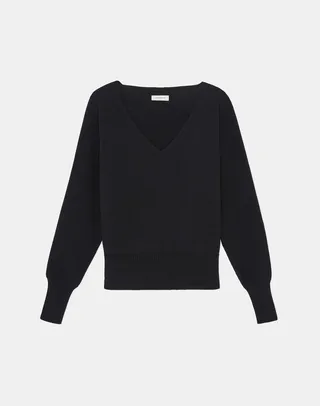 Cotton Silk Tape Wide V Neck Dolman Sweater