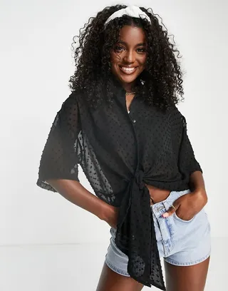 ASOS DESIGN tie front textured shirt in black