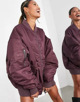 ASOS EDITION oversized bomber jacket in aubergine