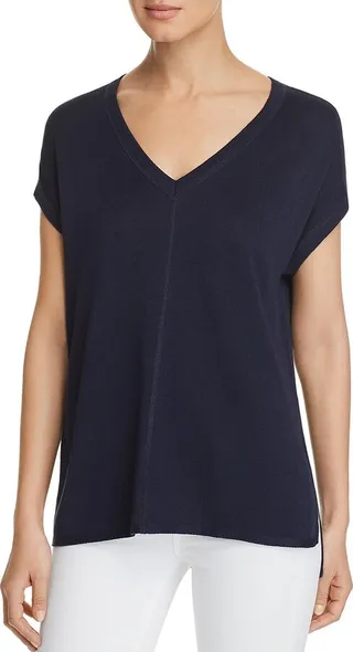 Womens Hi-Low Short Sleeves V-Neck Sweater
