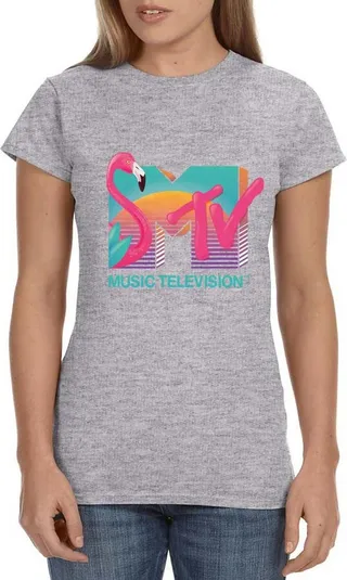 MTV Womens' Music Television Vaporwave Flamingo Icon '80s Crewneck T-Shirt (L) Grey