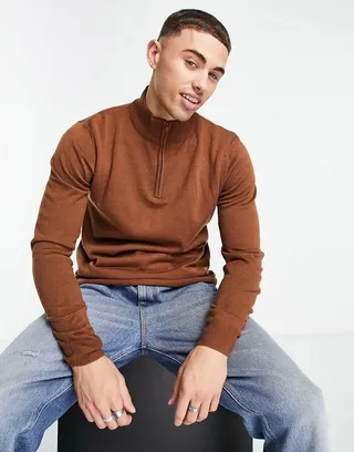 Threadbare soft touch quarter zip funnel neck sweater in auburn