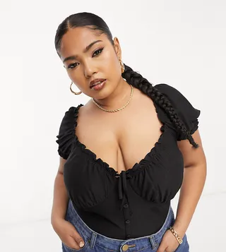 ASOS DESIGN Curve short sleeve milkmaid bodysuit in black