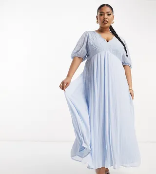 ASOS DESIGN Curve pleated embroidery maxi dress with cutwork in blue