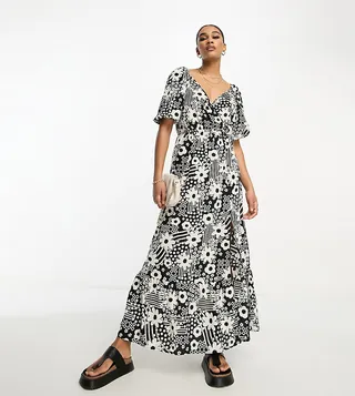 ASOS DESIGN Tall wrap bodice button up skirt with pep hem midi dress in monochrome floral