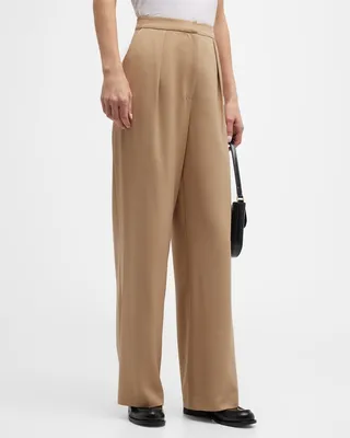 Pleated Wide-Leg Twill Crepe Pants