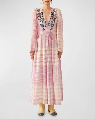 Savannah Plaid Embroidered Maxi Dress