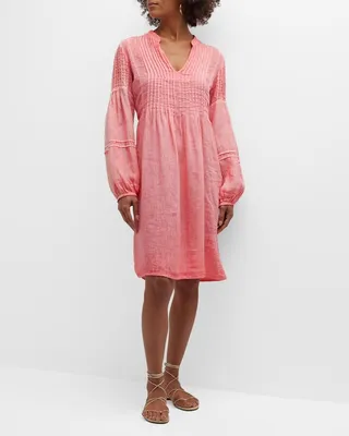 Pintuck Blouson-Sleeve Linen Poet Dress