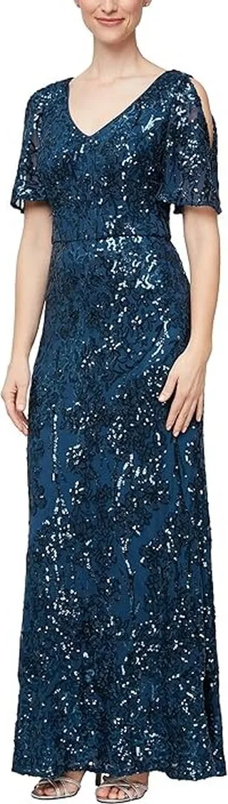 Alex Evenings Long V-Neck A-Line Dress with Cold Shoulder Flutter Sleeves (Deep Ocean) Women's Dress