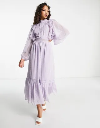 Miss Selfridge lace insert chiffon midi dress in lilac