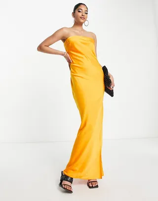 ASOS DESIGN satin bandeau maxi dress with cowl back in orange
