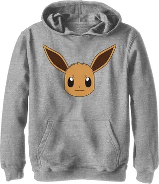 Boy's Pokemon Eevee Face Pull Over Hoodie - Athletic Heather - X Large