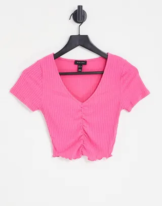 New Look ruched front T-shirt in bright pink