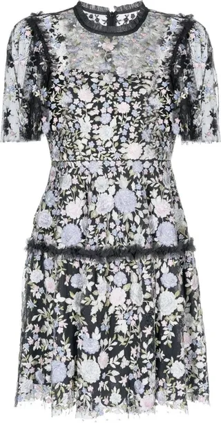 Floral-Embroidery Ruched Dress
