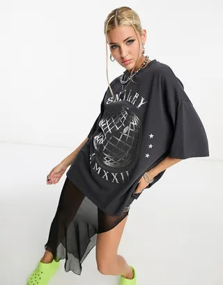 ASOS DESIGN Smiley Collab oversized T-shirt in foil slogan license graphic in charcoal