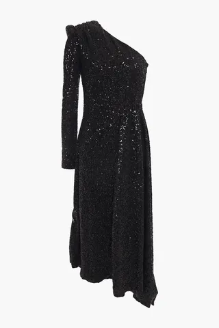 Asymmetric one-shoulder sequined tulle midi dress