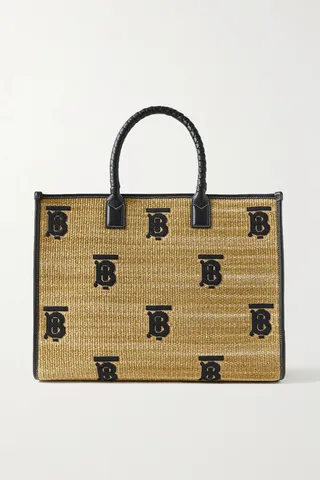 Burberry - Freya Medium Leather-trimmed Embroidered Raffia Tote - Black