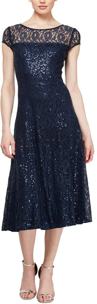Cap Sleeve T-Length Sequin Dress