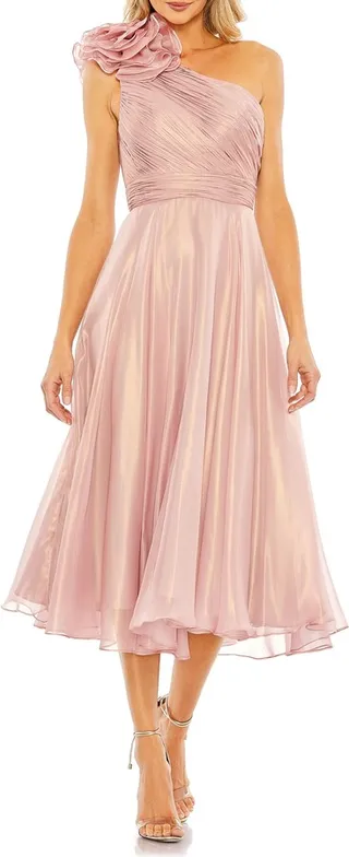 Rosette One-Shoulder Iridescent A-Line Dress