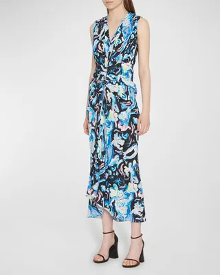 Abstract Painting-Print Ruched Midi Dress