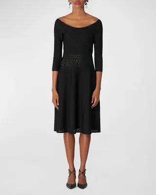 Bateau-Neck Pointelle Knit Fit-&Flare Midi Dress