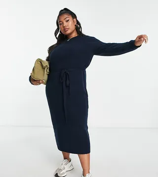 ASOS DESIGN Curve knitted midi dress with tie waist in navy