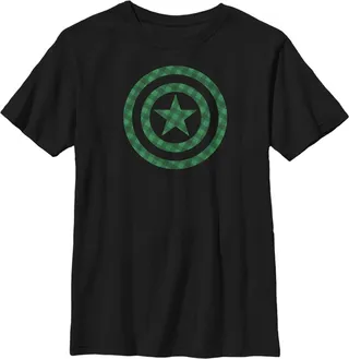 Boy's Marvel St. Patrick's Day Green Plaid Captain America Shield T-Shirt - Black - Large