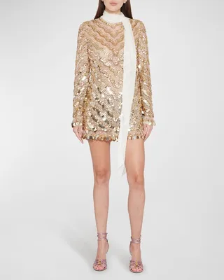 Chevron Beaded Scarf-Neck Tulle Mini Dress