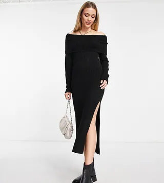 ASOS DESIGN Tall knitted off shoulder midi dress in black