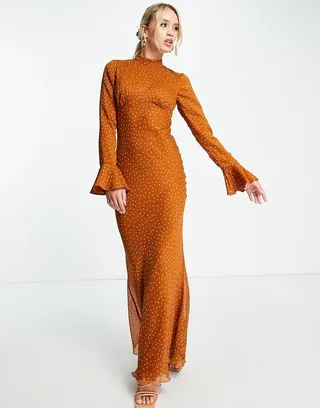 ASOS DESIGN high neck maxi dress with flared cuffs in rust dot