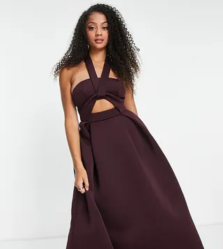 ASOS DESIGN Tall twist cut out halter midi prom dress in aubergine