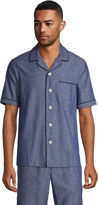 Lands' End Men's Short Sleeve Poplin Pajama Shirt - X-large - Medium Indigo Chambray