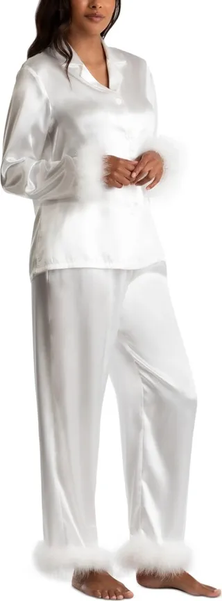 Linea Donatella Women's Marabou Feather Satin Pajama Set