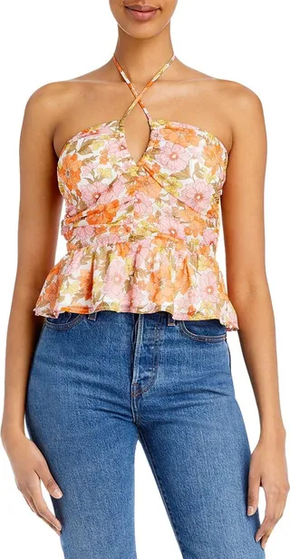 Womens Floral Print Halter Pullover Top