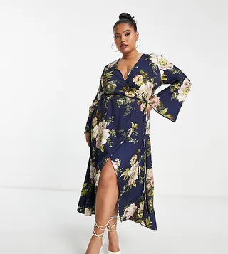 ASOS DESIGN Curve bias cut satin wrap dress with tie waist in navy floral print