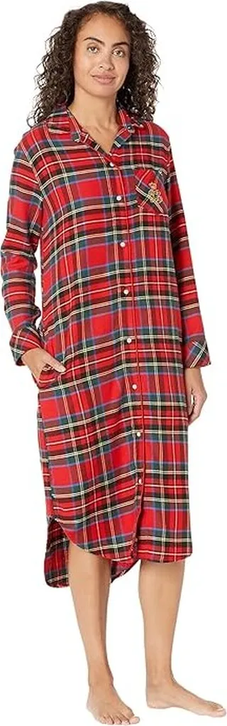 LAUREN Ralph Lauren Long Sleeve Rounded Collar Ballet Sleepshirt (Red Plaid) Women's Pajama