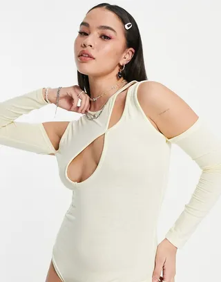 Daisy Street asymmetric cut out bodysuit with sleeve detail in cream