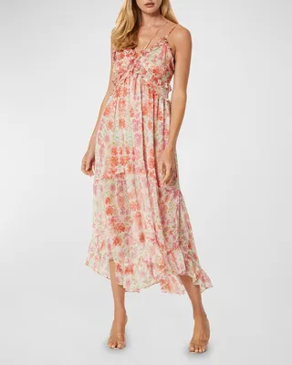 Adrienne Strappy Ruffle-Trim Floral Halter Midi Dress