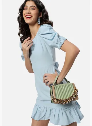 Striped Magnet Lock Hand Bag with Chain Strap