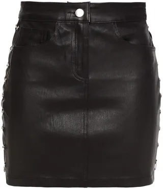 Chain-trimmed leather mini skirt