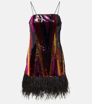 Feather-trimmed sequined minidress