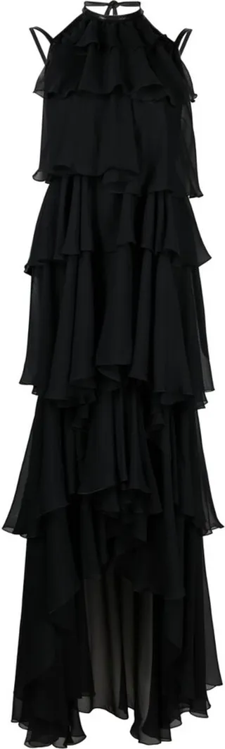 Long Ruffled Asymmetric-Hem Dress