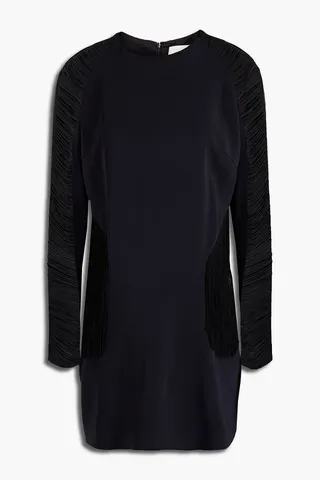 Cutout fringed two-tone stretch-cady mini dress