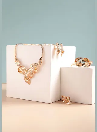 Gold Plated Designer Stone Party Necklace, Earring, Ring and Bracelet Set For Women