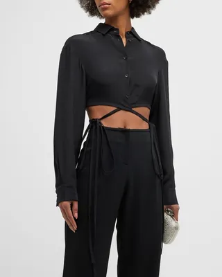 Side-Ties Crop Collared Silk Shirt