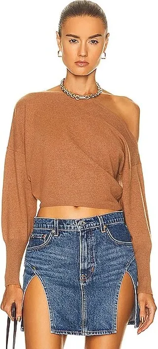 Zeynep Arcay Off The Shoulder Cashmere Top in Tan