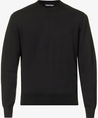 Mens Black Crewneck Knitted Regular-fit Cotton Jumper
