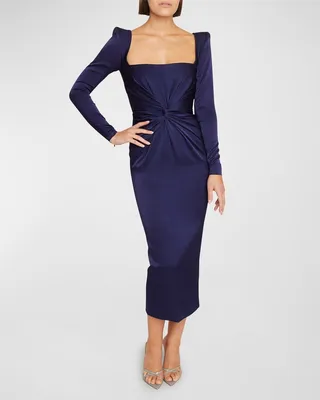 Alden Twisted Strong-Shoulder Midi Dress