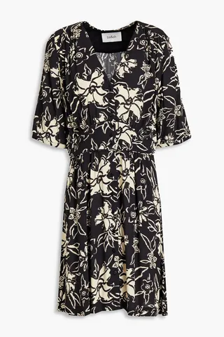 Gathered floral-print crepe shirt dress