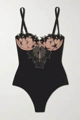 Fleur du Mal - Super Star Embroidered Tulle And Stretch-jersey Thong Bodysuit - Black